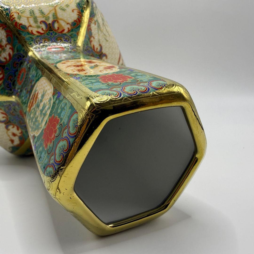 R106 彩色蒔金緑釉花鳥五稜梅瓶 花瓶（かびん）陶磁器 アンティーク