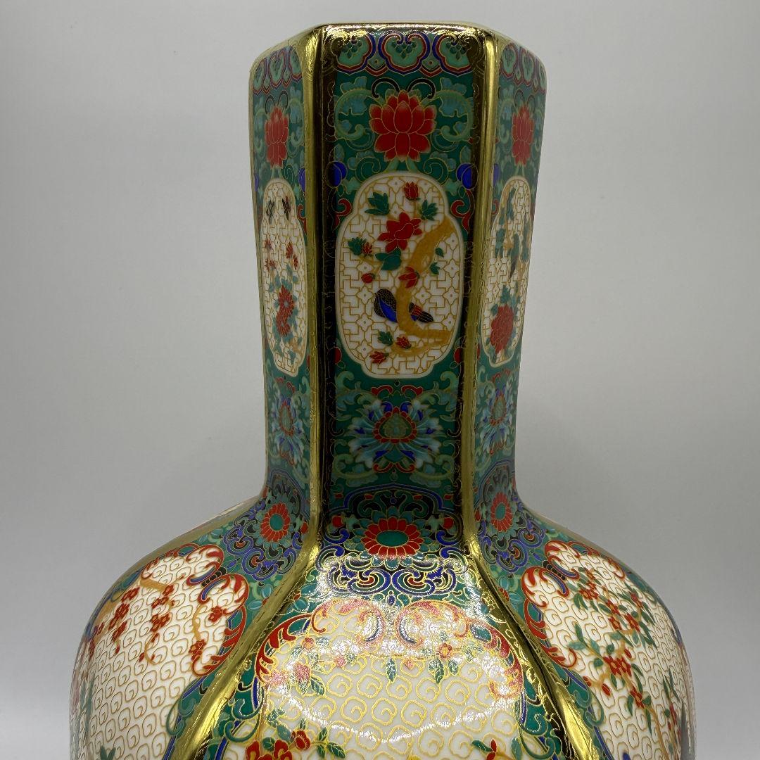 R106 彩色蒔金緑釉花鳥五稜梅瓶 花瓶（かびん）陶磁器 アンティーク
