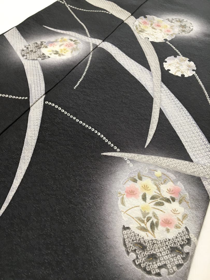 都会的　ドレッシーな【訪問着】正絹　友禅　墨色　裄長め