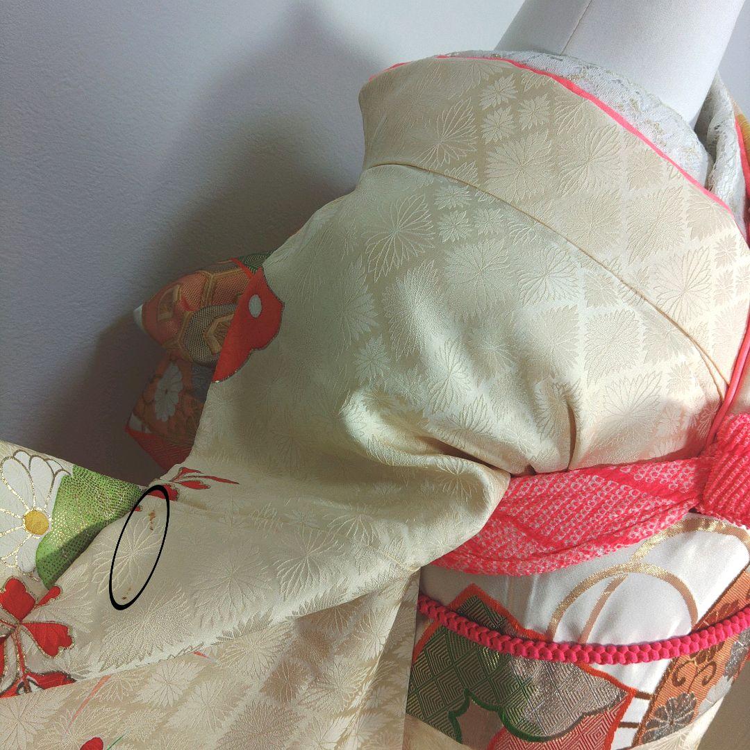 格安！　振袖フルセット　8点　成人式　結婚式　前撮り　蝶々　クリーム色　袋帯　白