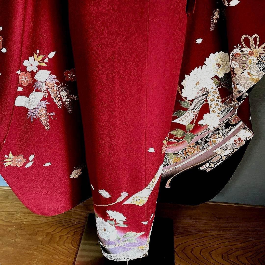 振袖フルセット　手描き友禅　のしめ牡丹　成人式振袖　振袖　裄丈69 赤系