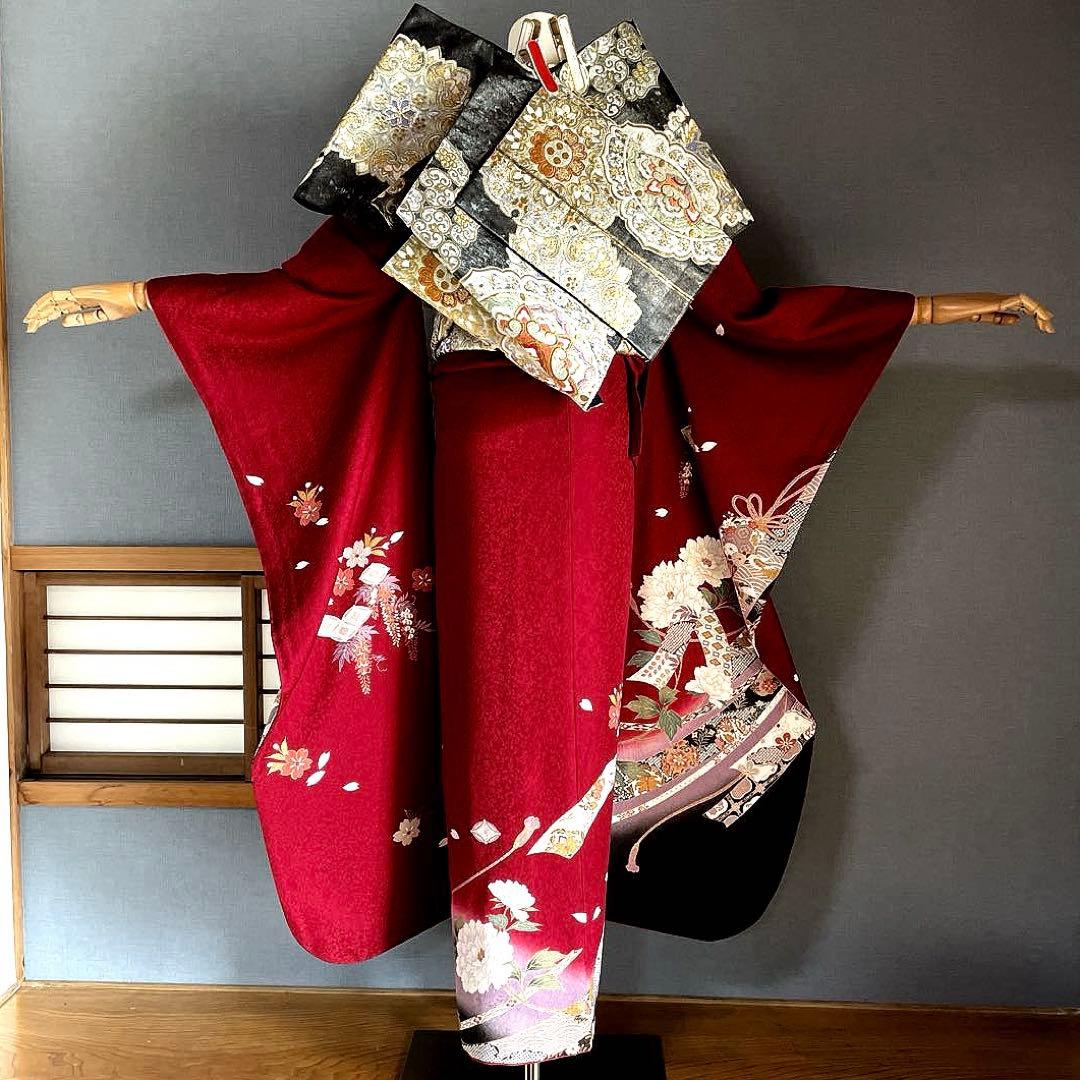 振袖フルセット　手描き友禅　のしめ牡丹　成人式振袖　振袖　裄丈69 赤系