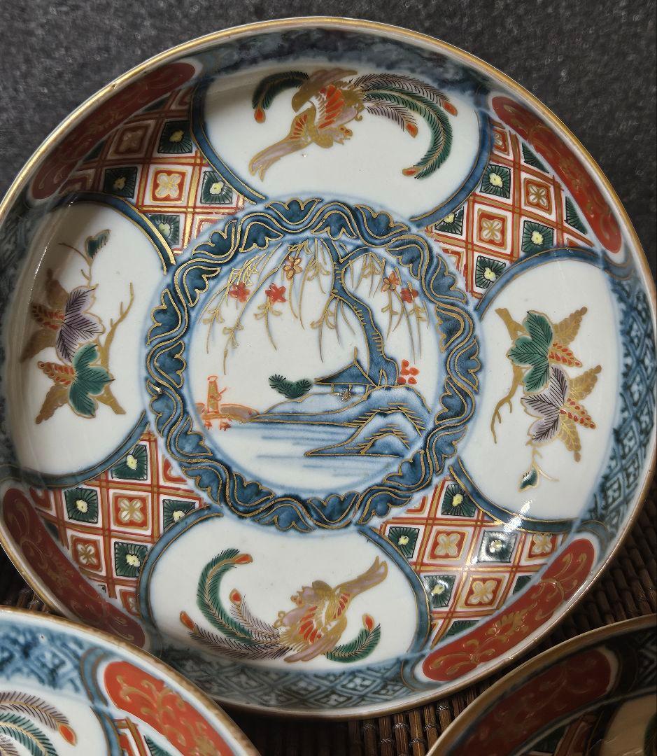 江戸時代末期　献上古伊万里様式　錦手　鳳凰に桐葉文　15.5cm   深皿　5客