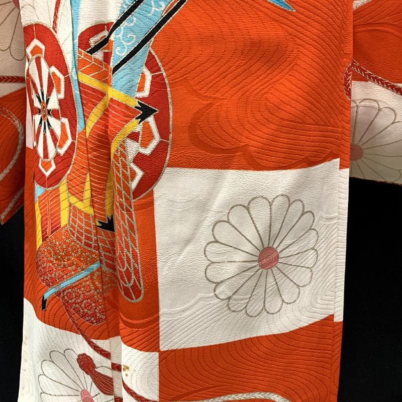 501ag39□七五三 七歳 セミアンティーク風 女児 着物&袋帯 菊 御所車□