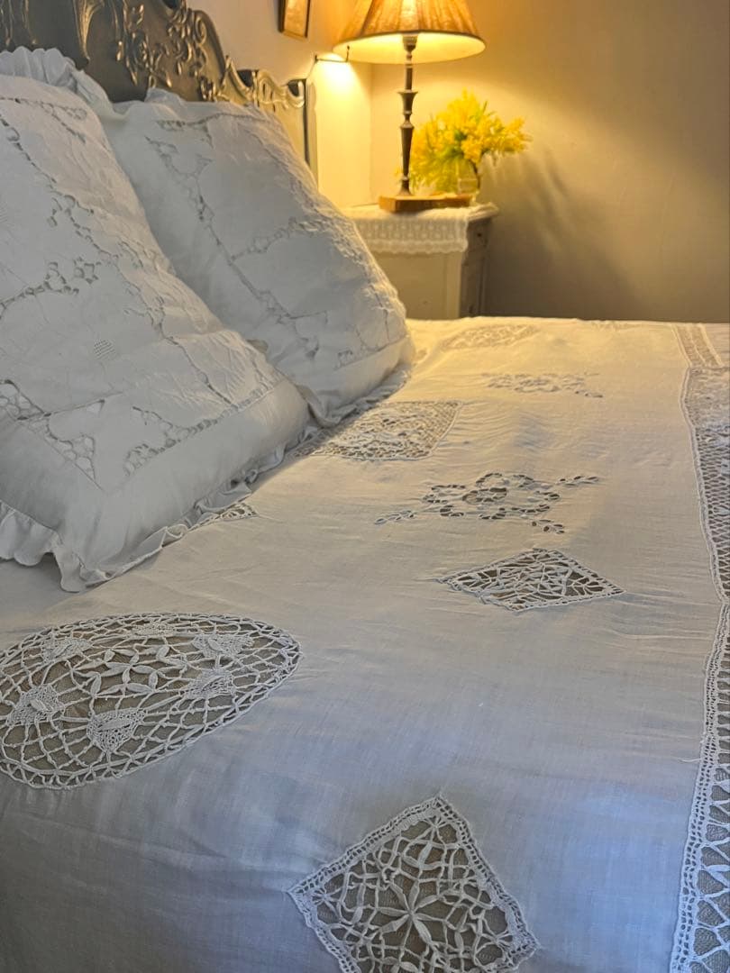 ◆フランスアンティークお宝級白天使の手刺繍超大判テーブルクロス大きいベッドカバー