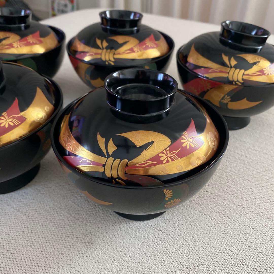漆器 椀 5個セット 黒 金箔模様　木乾漆　会津型　吸椀　黒のし