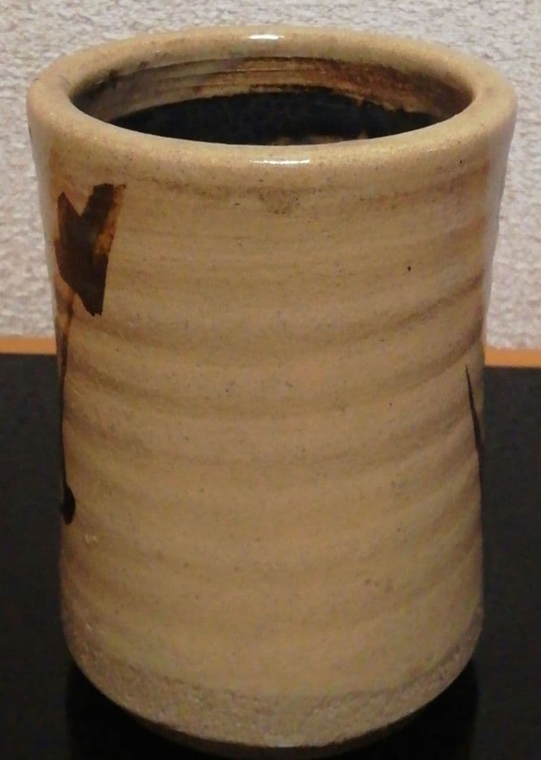 人間国宝　浜田庄司作　益子焼　花図　筒　花入　共箱　略歴付　花瓶