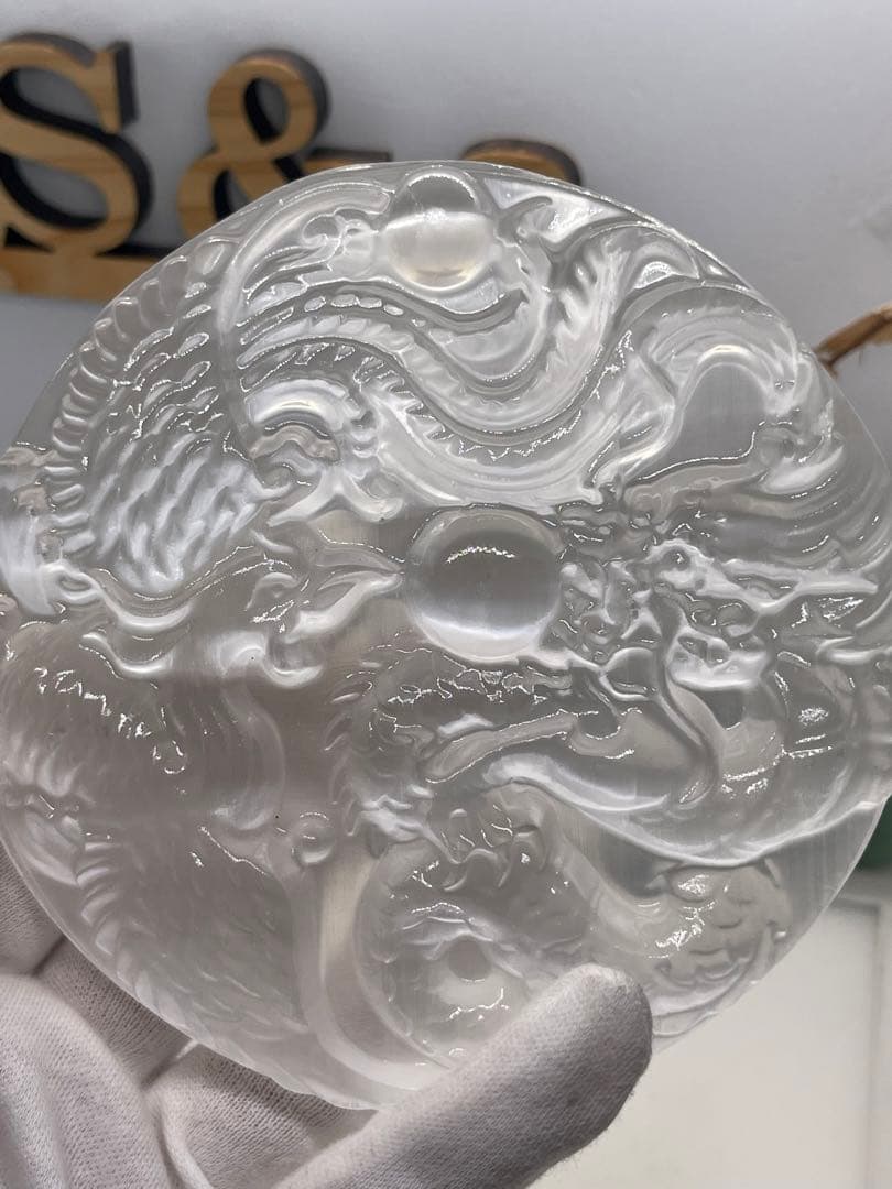 MH様【3087】 ドラゴン&鳳凰彫り プレート　セレナイト