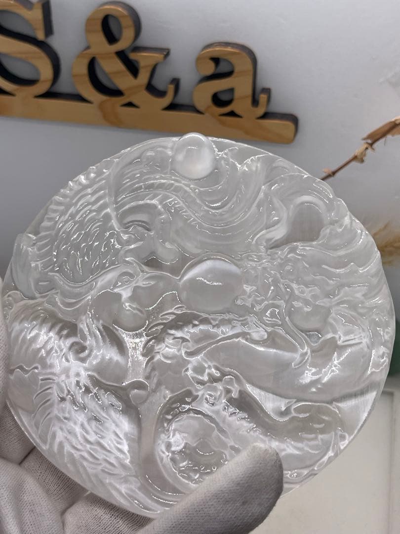 MH様【3087】 ドラゴン&鳳凰彫り プレート　セレナイト