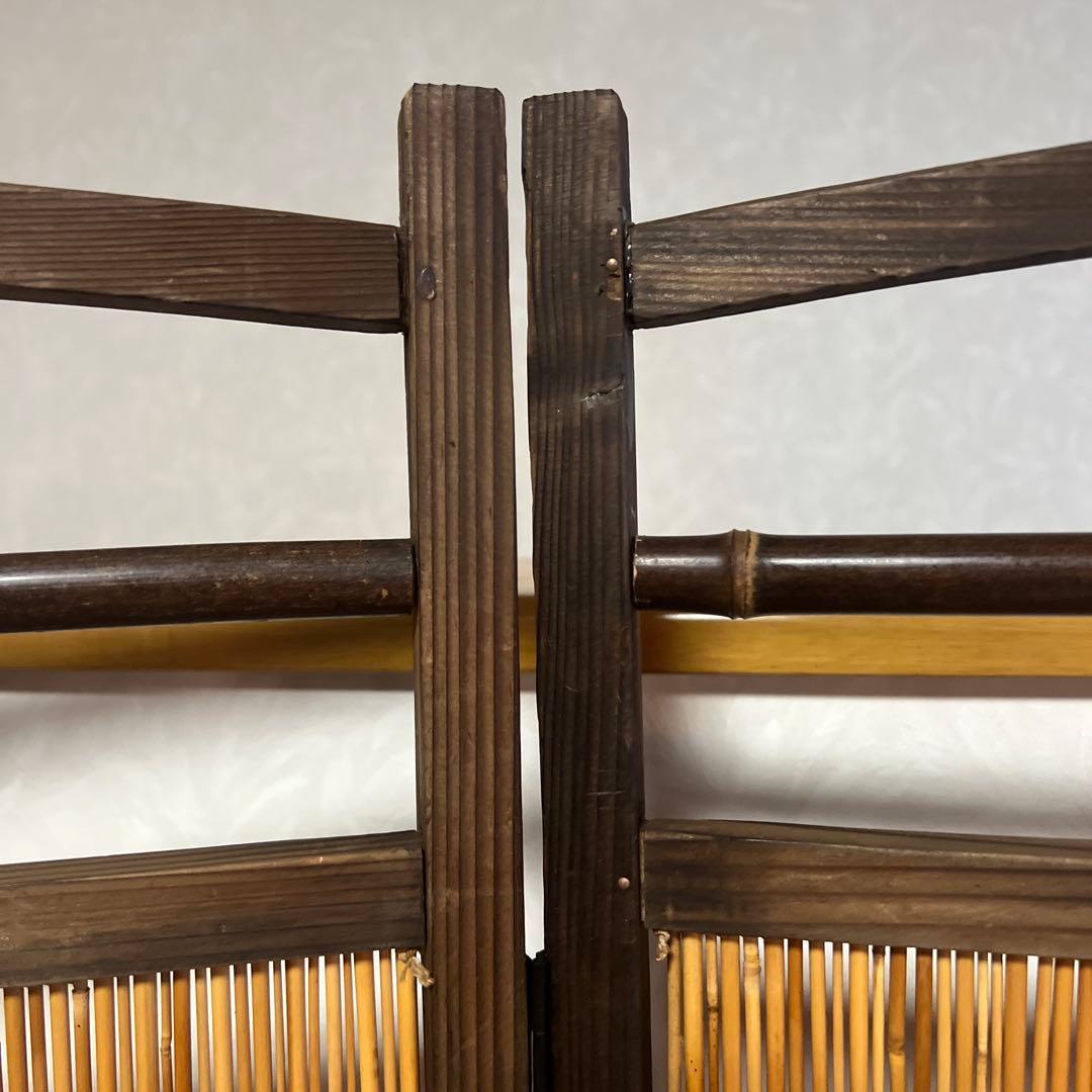 キッシー竹簾屏風衝立目隠し4連間仕切 透かし彫り古民家古道具パーテーション