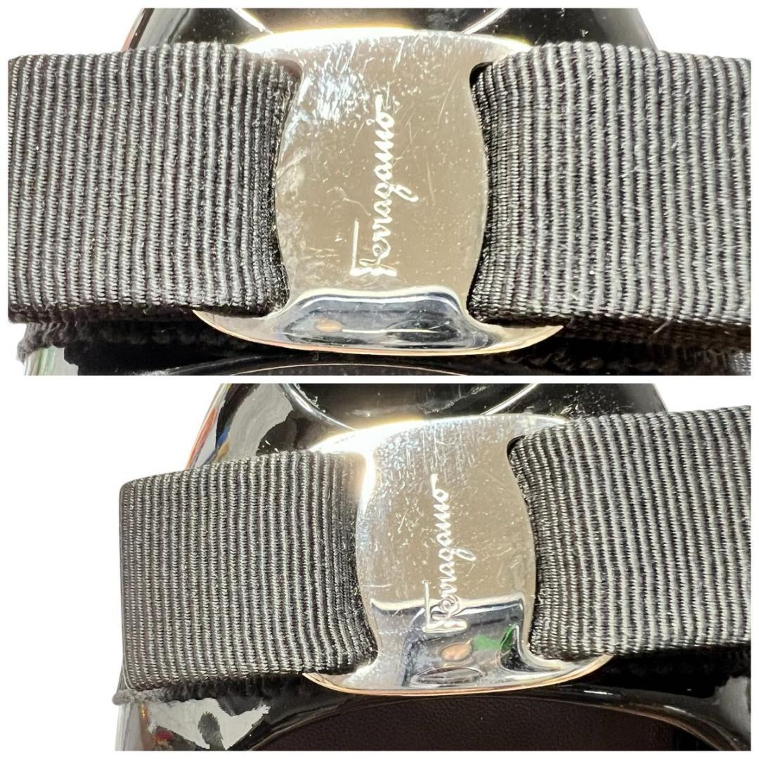 フェラガモ ミュール サンダル 黒エナメル リボン 6 1/2C 美品 23.5