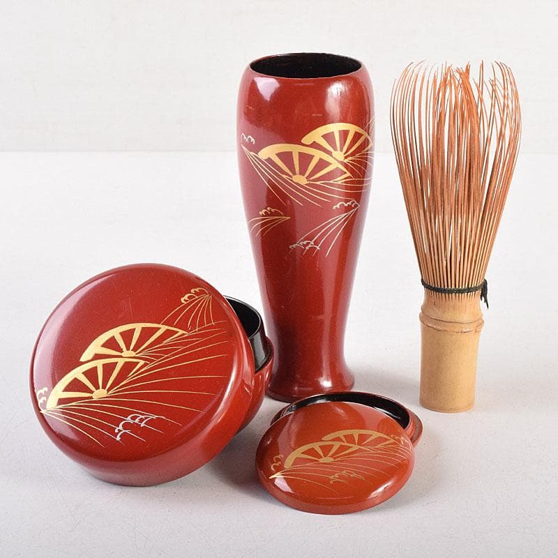 茶道具　黒塗茶箱　茶碗　朱塗　棗　香合など　十一点　一式　仕覆付　M　R8831