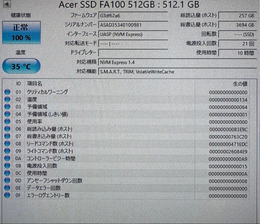 M.2 SSD 512GB！使用時間少！
