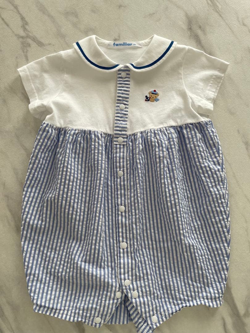 【最終価格】ファミリア　セーラー衿現行品ロンパースカバーオール　ストライプブルー
