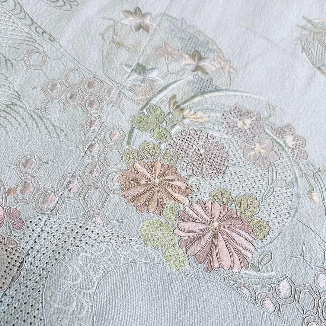 A143愛華 着物 付け下げ袷刺繍　スワト　錆青磁　フォーマル　身丈162cm