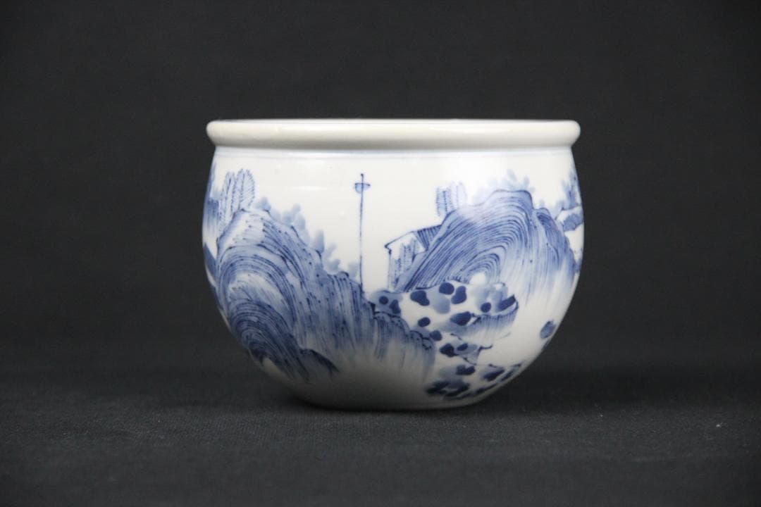 中国美術 南京染付　山水模様　建水　箱付 EA21-21