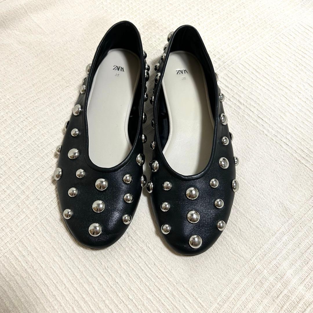 ZARA ザラ スタッズ付きレザーバレリーナシューズ 38 (24.6cm)