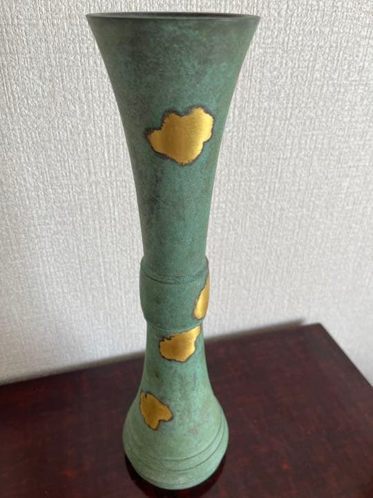 塗金銅花器 立鼓式 花瓶　花生　蔵六造　工芸品