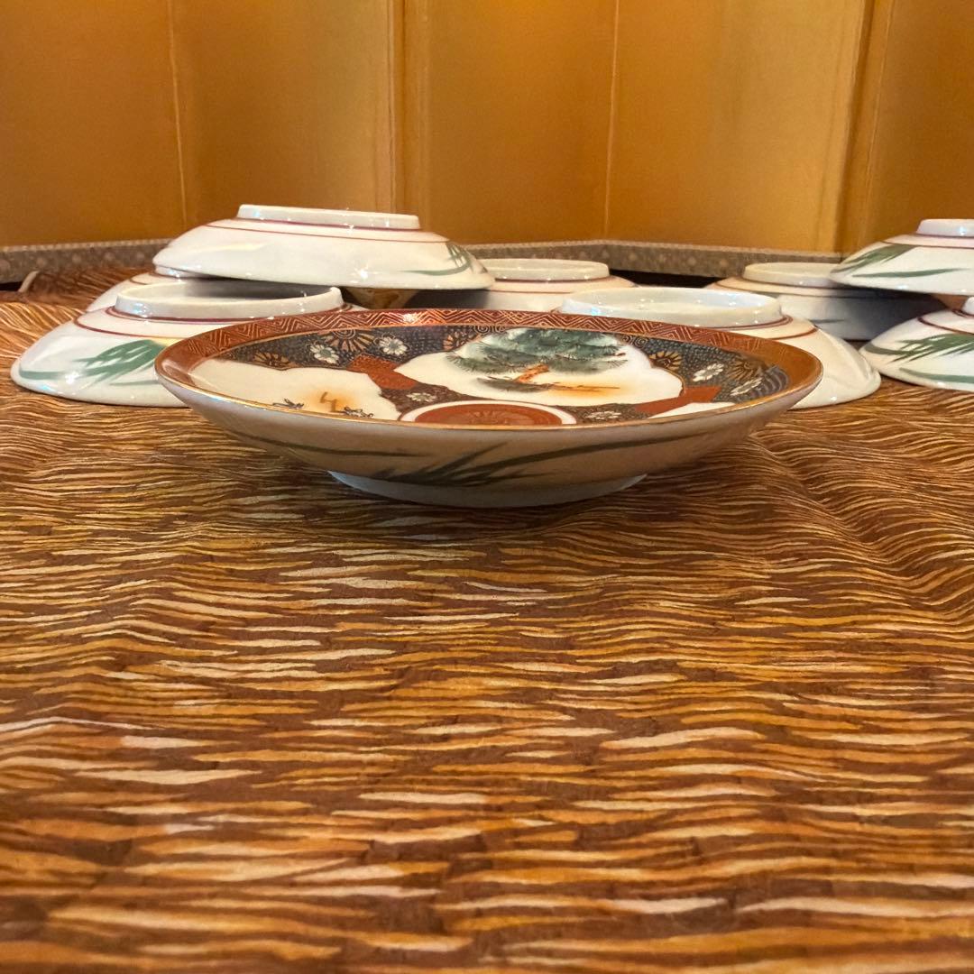 【10客まとめ】九谷焼 赤絵金彩 松竹梅 皿 16cm 在銘 昭和レトロ