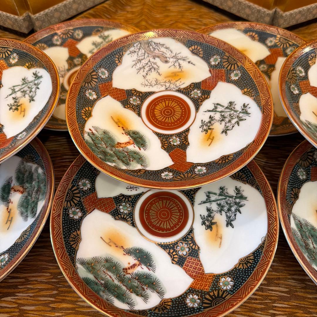 【10客まとめ】九谷焼 赤絵金彩 松竹梅 皿 16cm 在銘 昭和レトロ