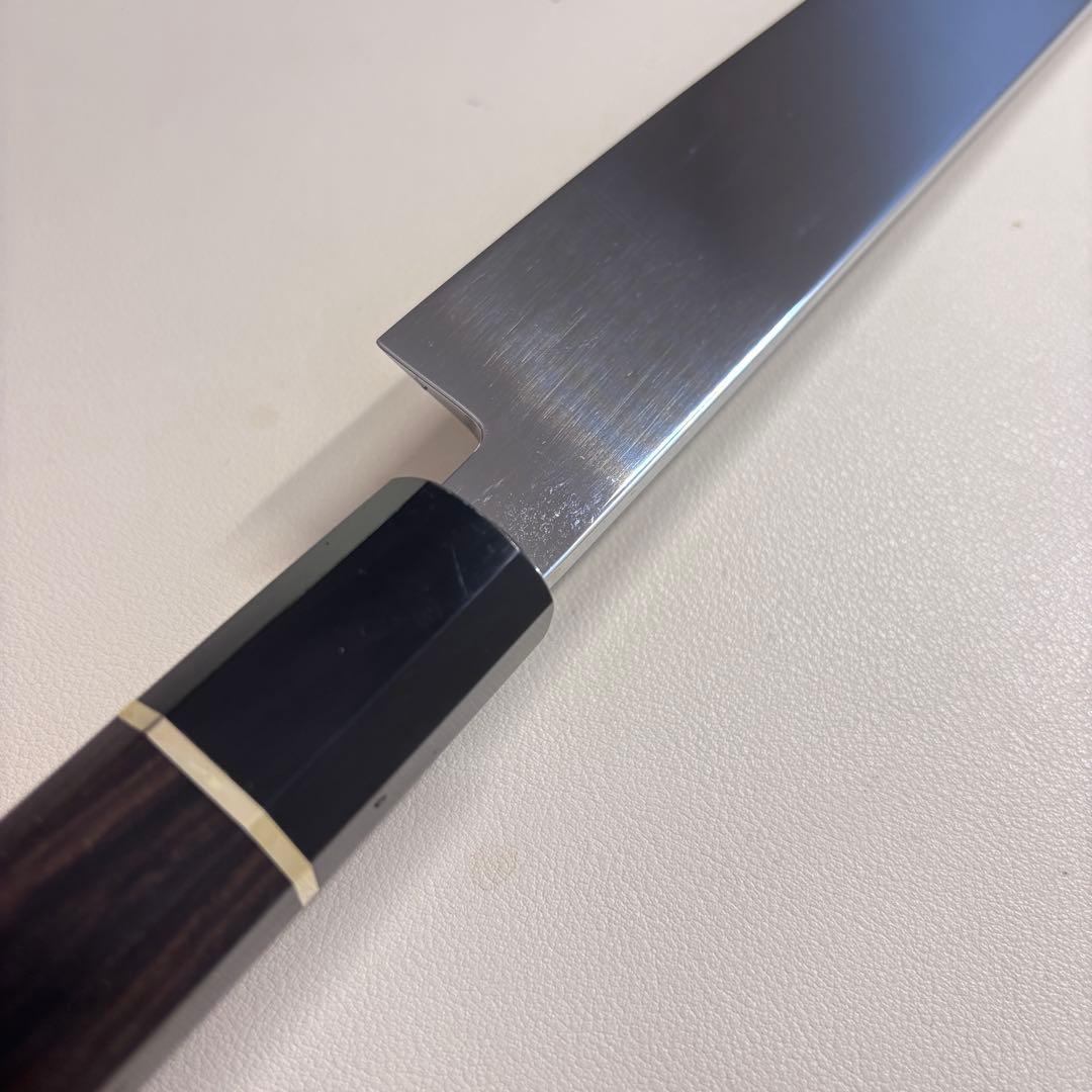 270mm 切付柳刃包丁 鏡面　黒檀黒水牛八角柄 刺身包丁 【全鋼】'鞘付き