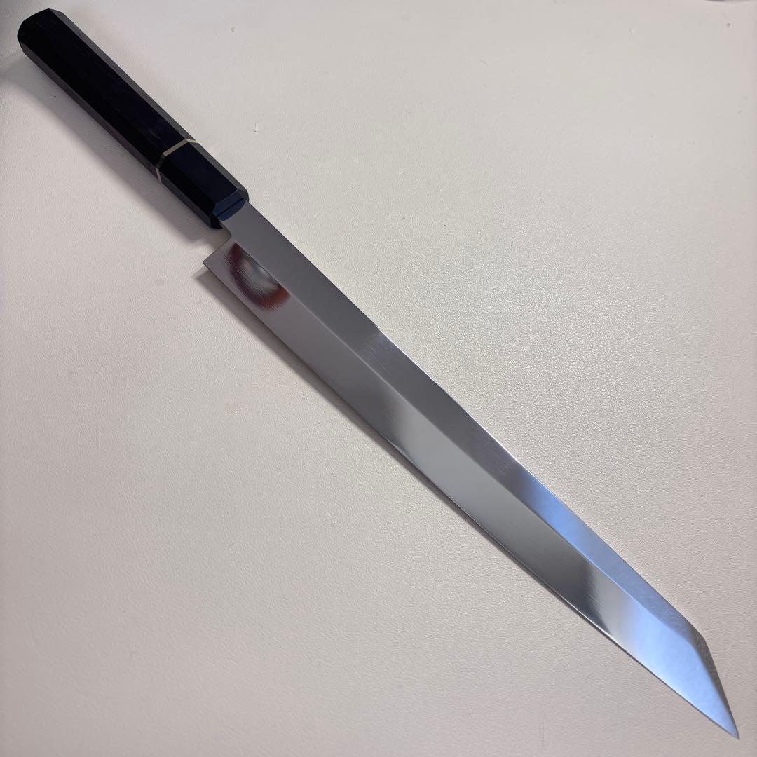 270mm 切付柳刃包丁 鏡面　黒檀黒水牛八角柄 刺身包丁 【全鋼】'鞘付き