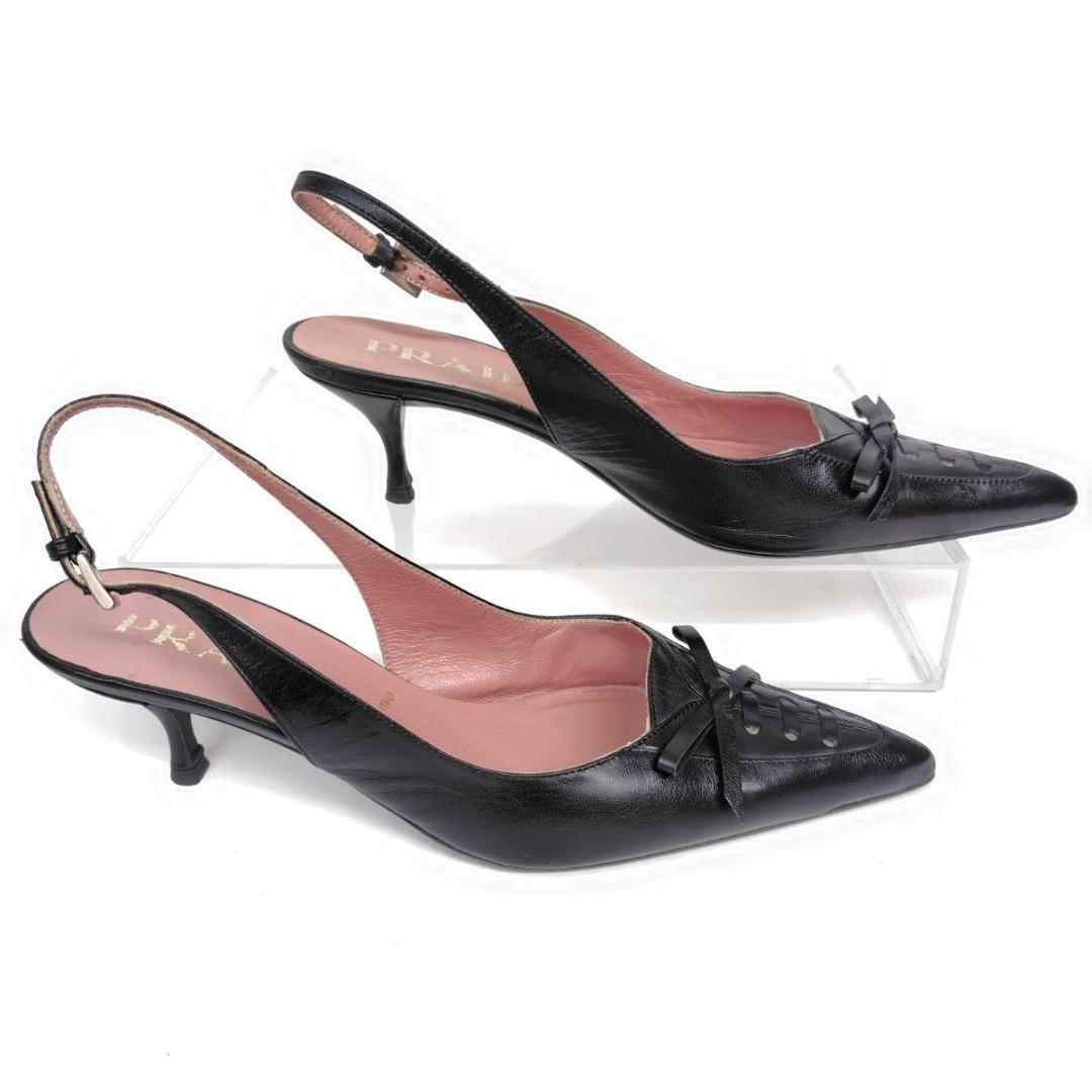 PRADA プラダ サンダル 21.5cm リボン ポインテッド 34.5 黒