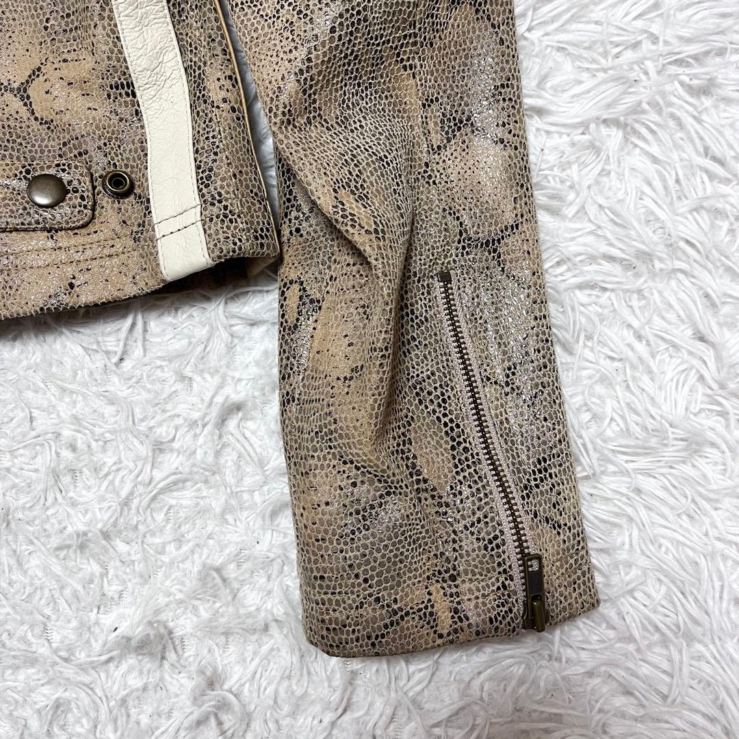 【希少!】パイソン柄 本革 シングルライダースジャケット 裏地ロゴ バッグロゴ