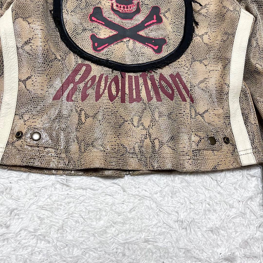 【希少!】パイソン柄 本革 シングルライダースジャケット 裏地ロゴ バッグロゴ