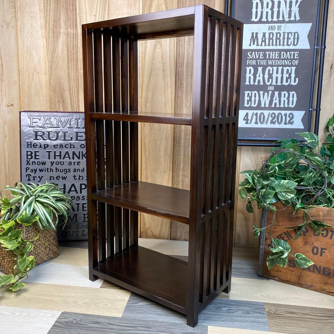 アジアンエスニック木製天然無垢材格子ラックシェルフ三段木製飾り棚和室収納家具