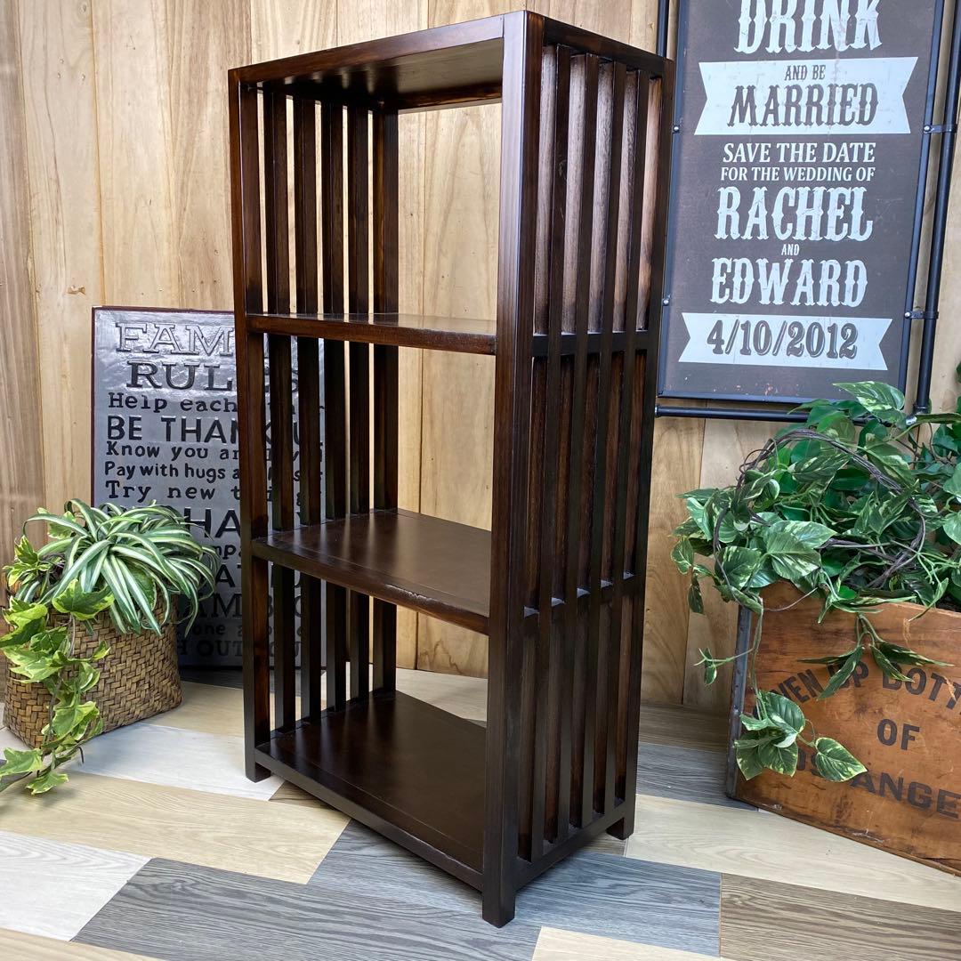 アジアンエスニック木製天然無垢材格子ラックシェルフ三段木製飾り棚和室収納家具