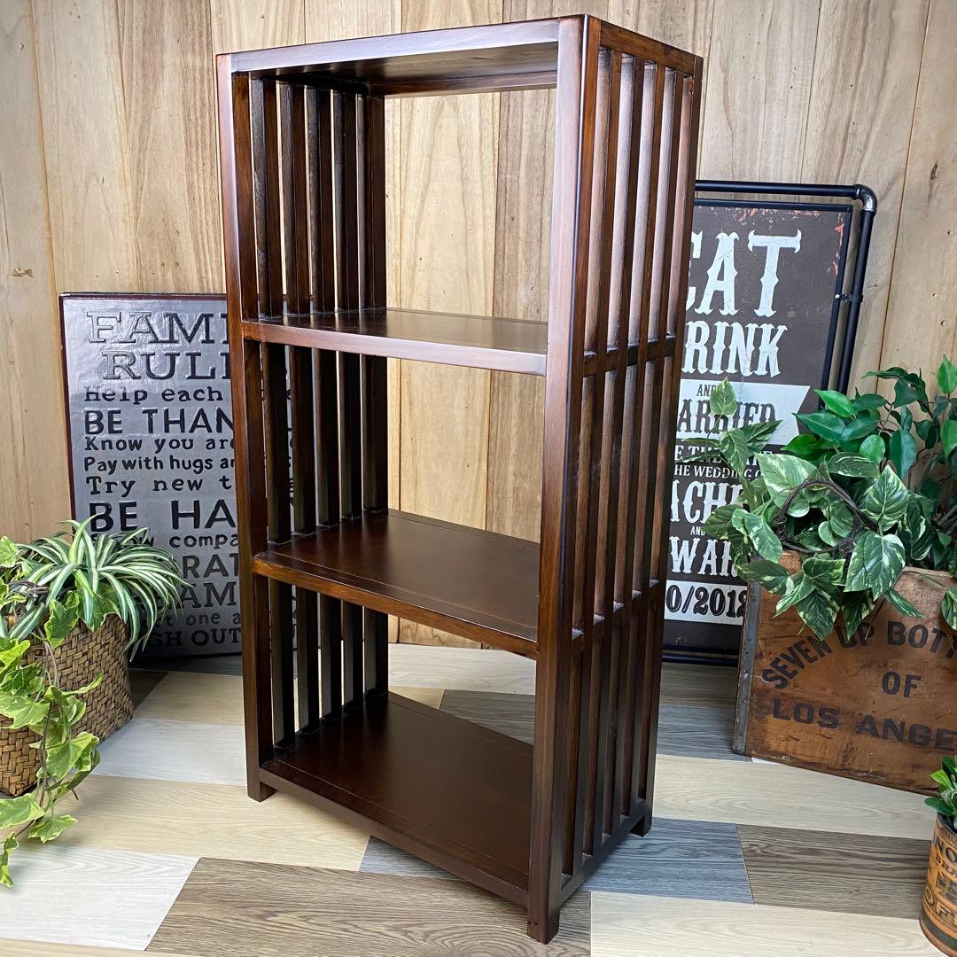 アジアンエスニック木製天然無垢材格子ラックシェルフ三段木製飾り棚和室収納家具