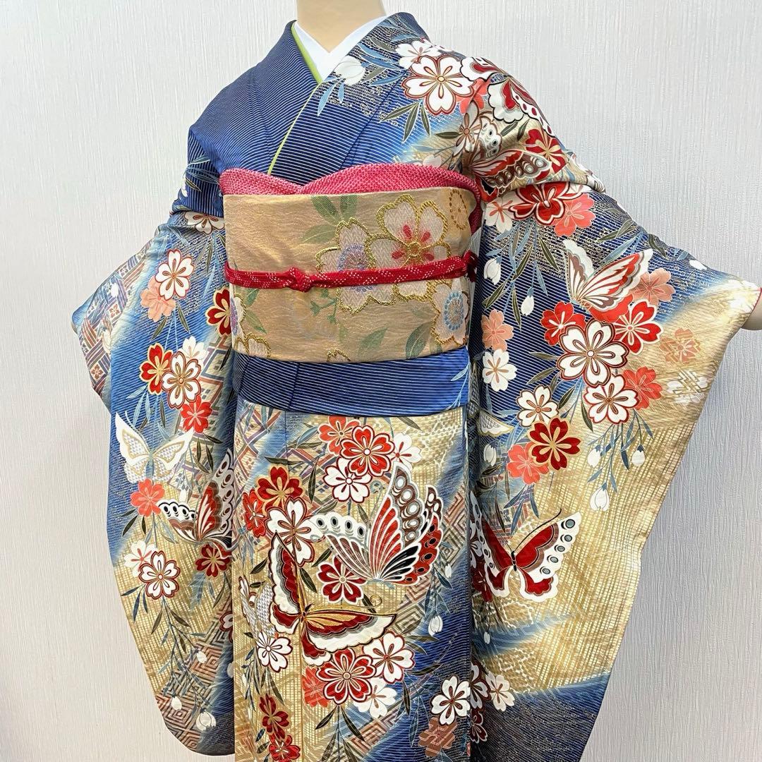 梅乃【172】正絹　振袖　セット　前撮り　成人式　撮影　青　蝶　谷崎潤一郎