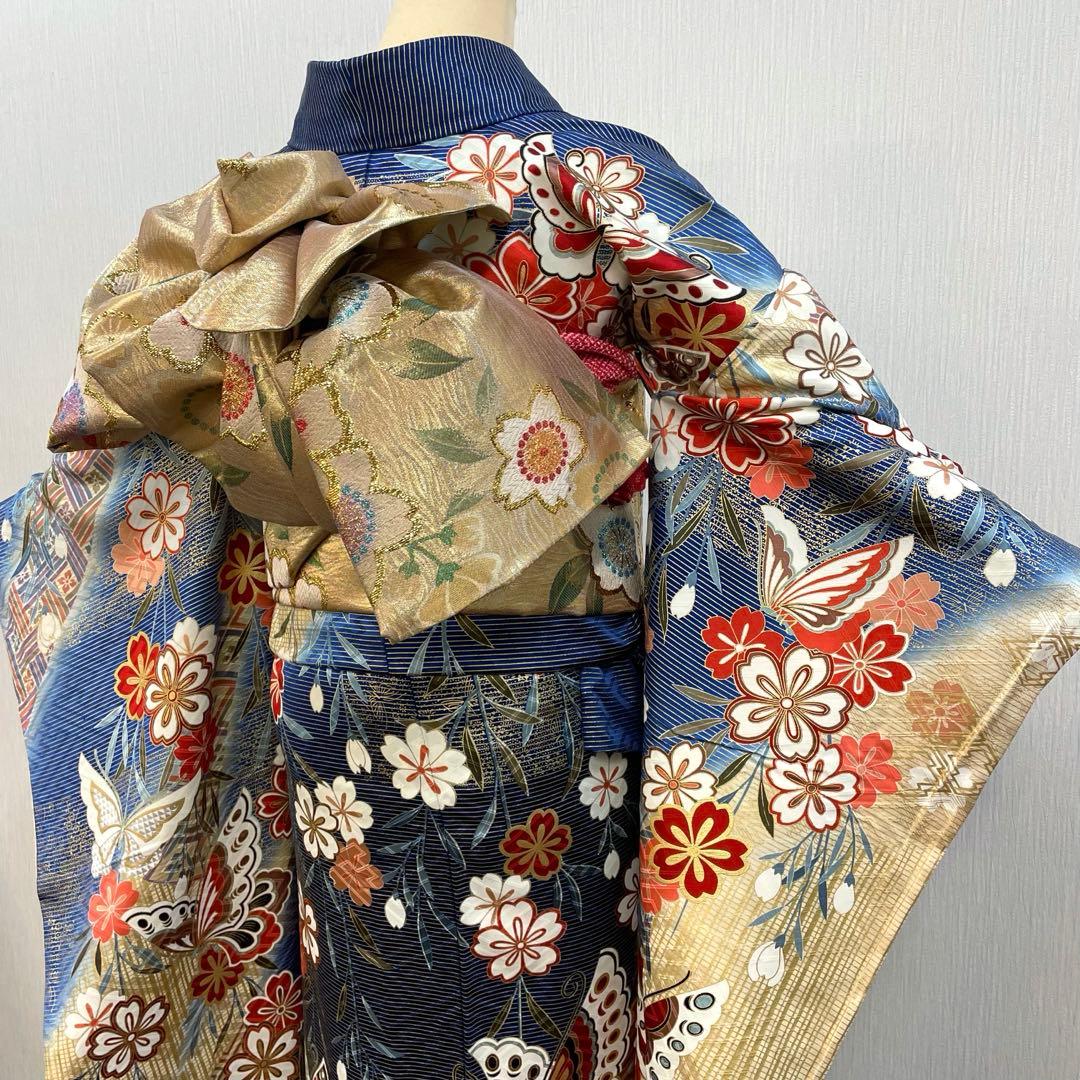 梅乃【172】正絹　振袖　セット　前撮り　成人式　撮影　青　蝶　谷崎潤一郎