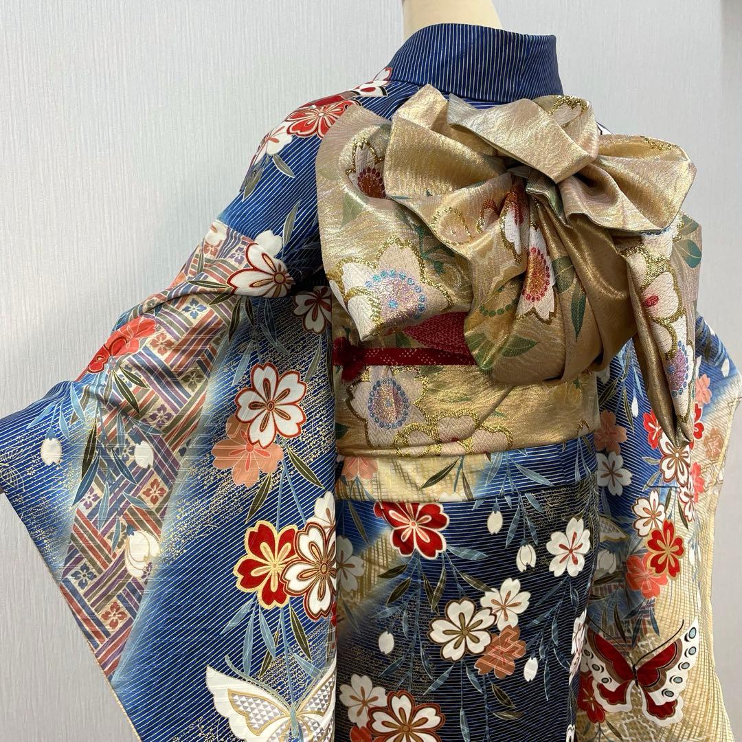 梅乃【172】正絹　振袖　セット　前撮り　成人式　撮影　青　蝶　谷崎潤一郎