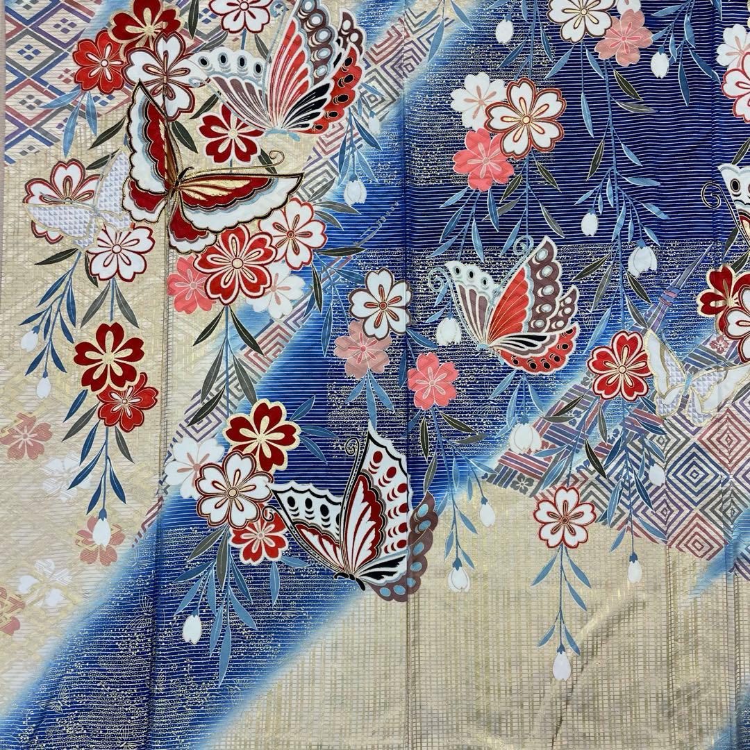 梅乃【172】正絹　振袖　セット　前撮り　成人式　撮影　青　蝶　谷崎潤一郎