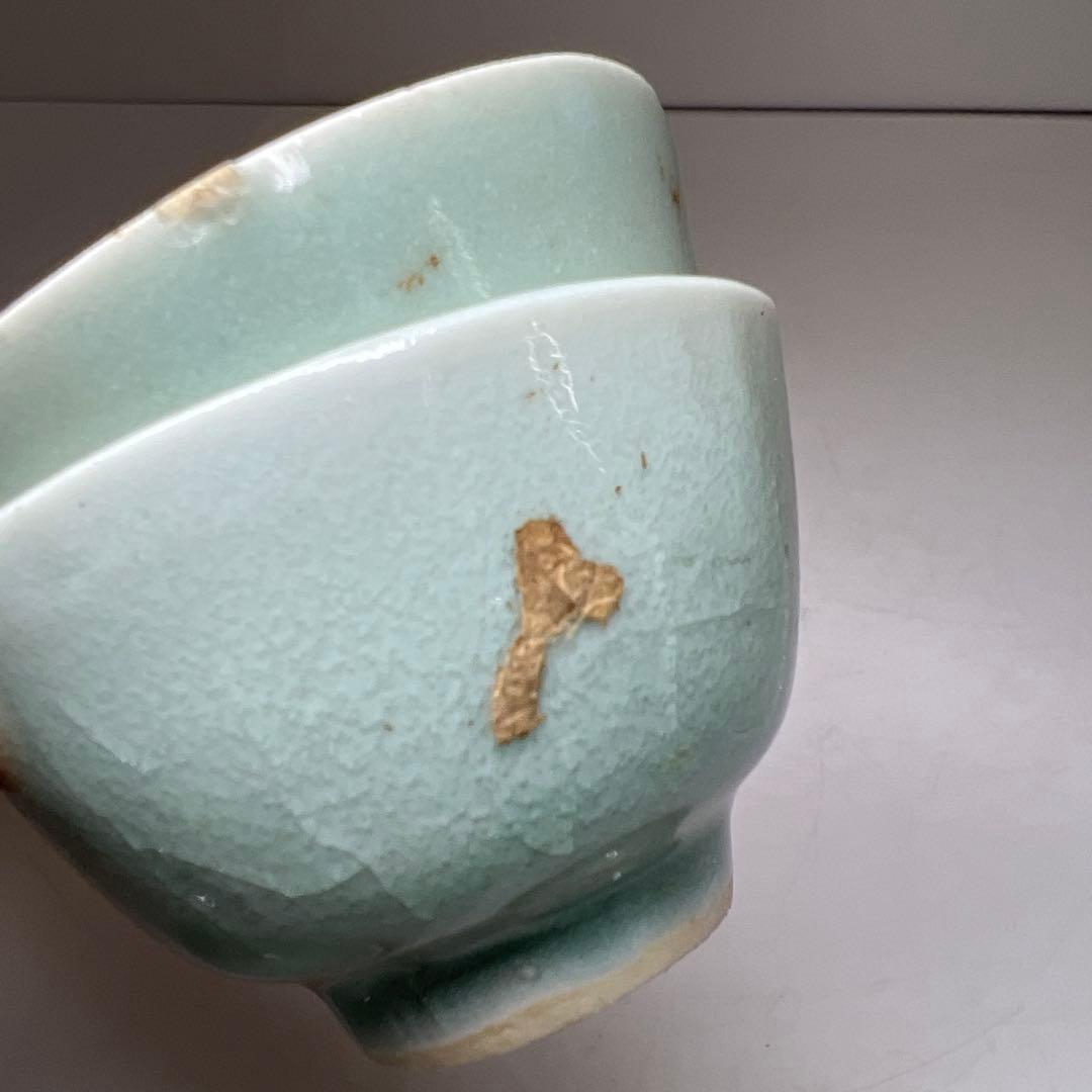 中国清朝時代　青磁煎茶碗5客　木箱付　口径約6.8㎝　東Y8-0203①トヒカ