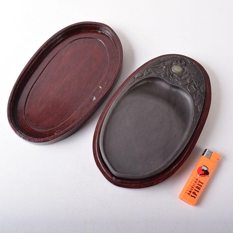 みむら　中国　書道具　花文　端渓硯　唐木箱　7694