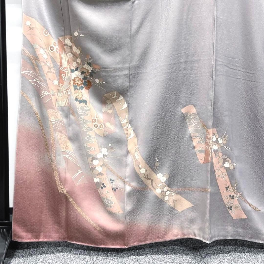 付け下げ　金通し　金駒刺繍　熨斗　牡丹　菖蒲　菊　グレー系　着物　062w d