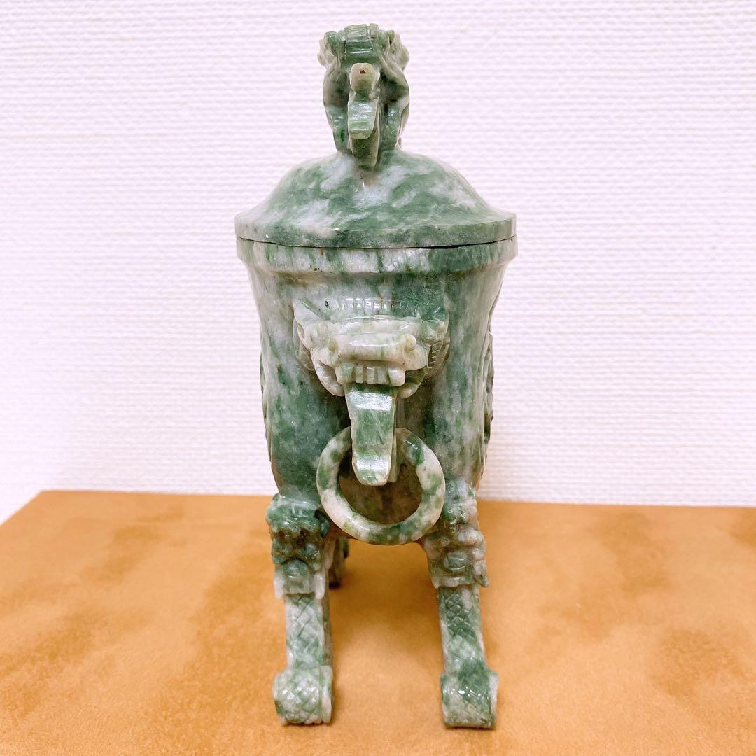 翡翠　置物 龍 彫刻 蓋付き 香炉 玉石 天然石 ヒスイ 砡 【985g】