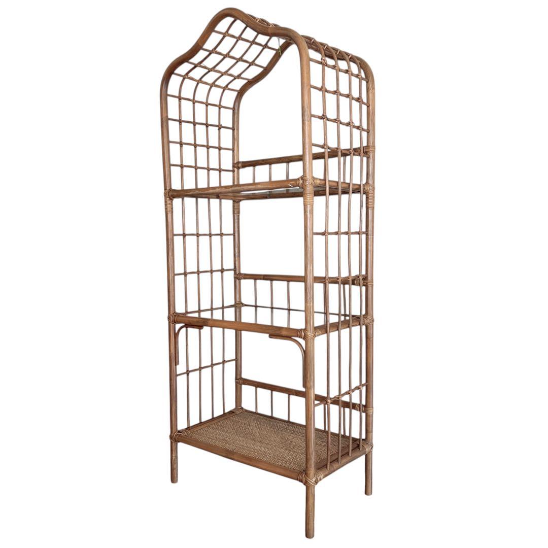 ラタン アーチ型 3段(上・中段ガラス板) 飾り棚 ディスプレイラック 籐家具