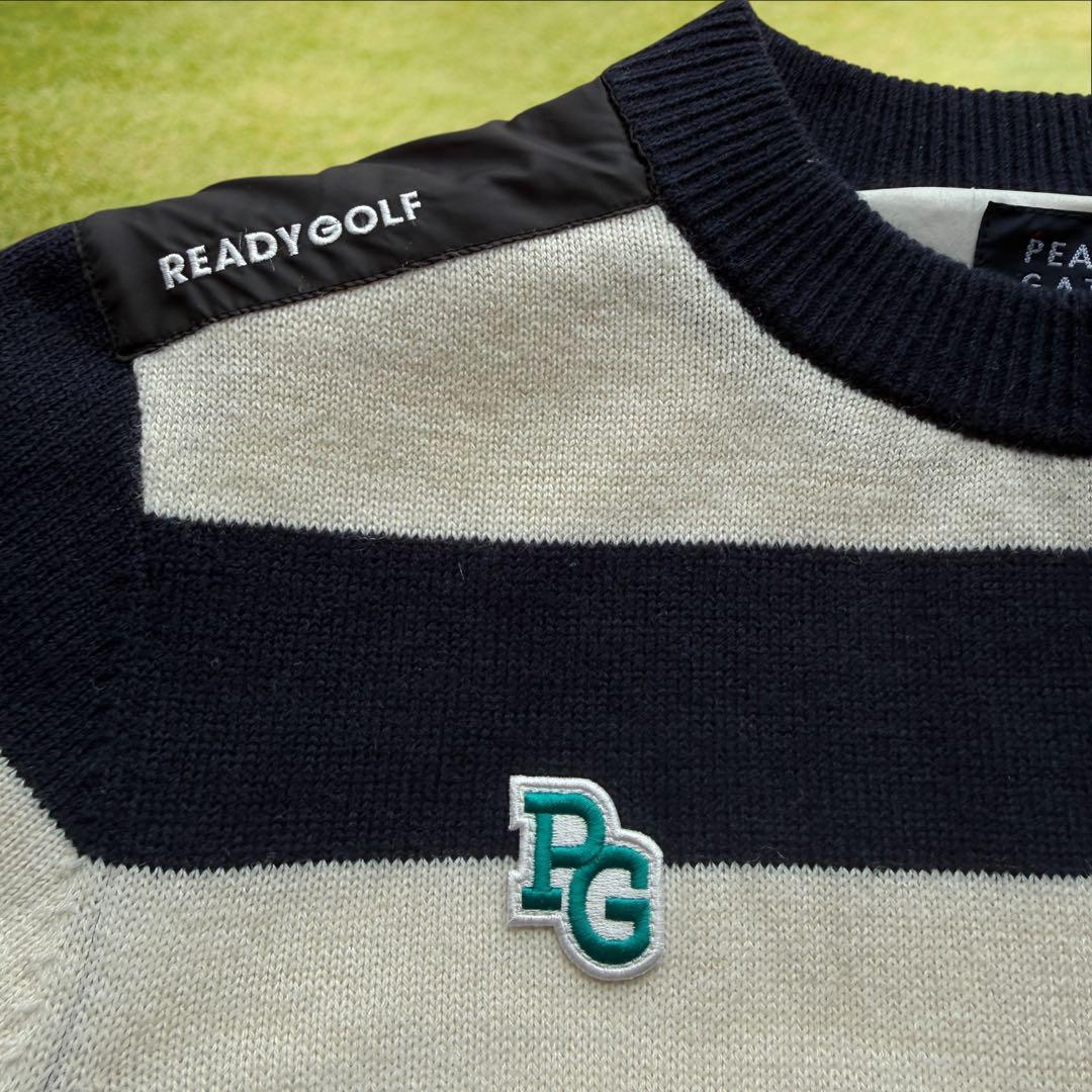 防寒　蓄熱　裏地付き　パーリーゲイツ　ニット　L〜XL相当　紺　白　ボーダー　5