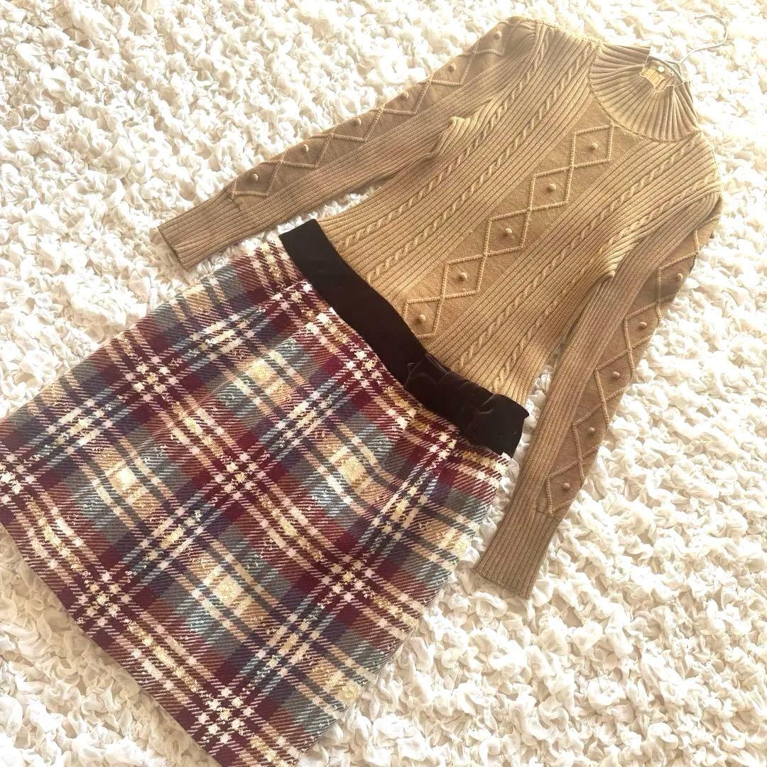 M'S GRACY エムズグレイシー　ワンピース　ベロア　リボン　チェック　切替