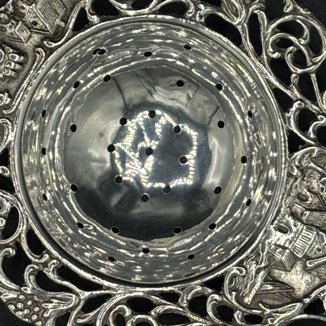 デンマークアンティーク・透かし花柄と風車のティーストレナー・純銀プレート