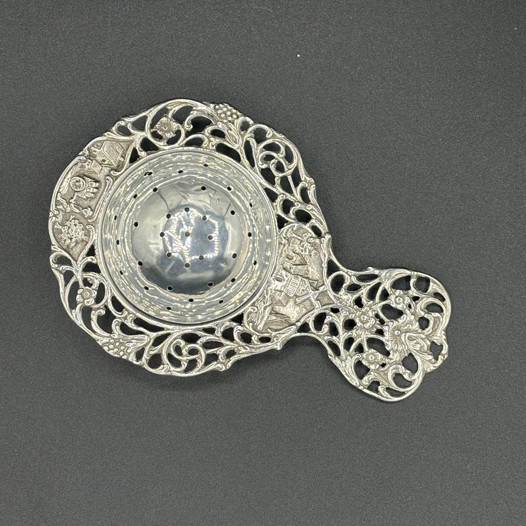 デンマークアンティーク・透かし花柄と風車のティーストレナー・純銀プレート