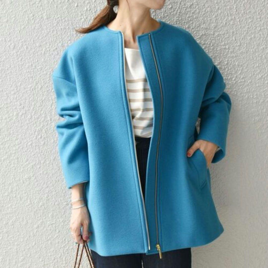 極美品　シップスエニィ　ノンミュールジングウール ノーカラー コート　青