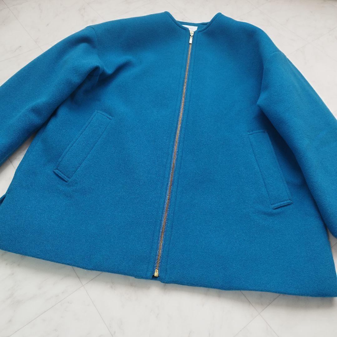 極美品　シップスエニィ　ノンミュールジングウール ノーカラー コート　青