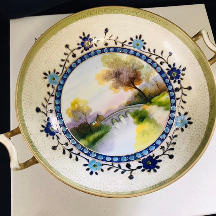 オールドノリタケ  風景画　コンポート　エナメル装飾