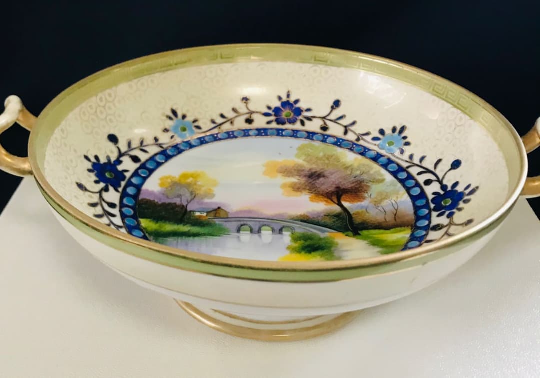 オールドノリタケ  風景画　コンポート　エナメル装飾