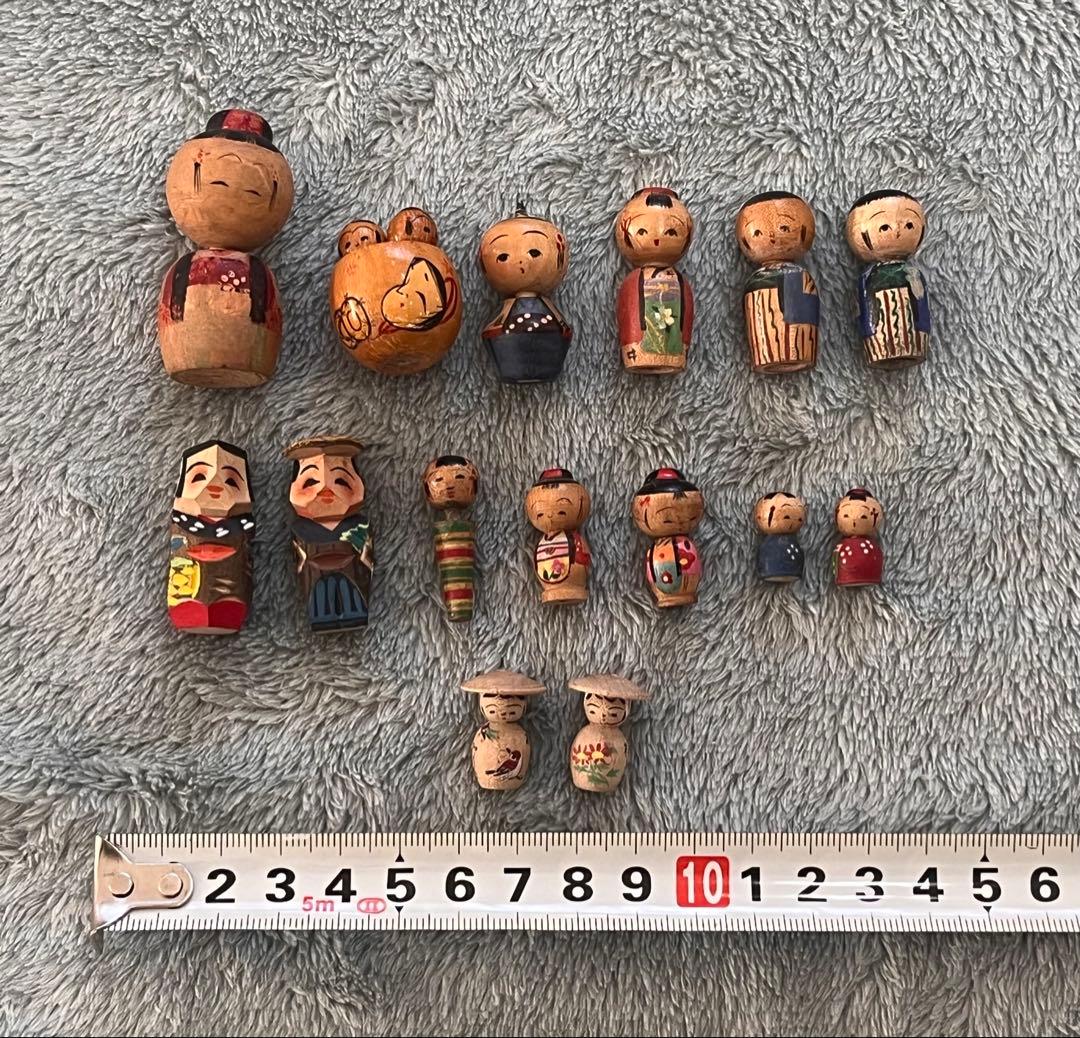 ミニチュアこけし15体　木製　手作り　首振りこけし　最小1センチ　昭和30年代